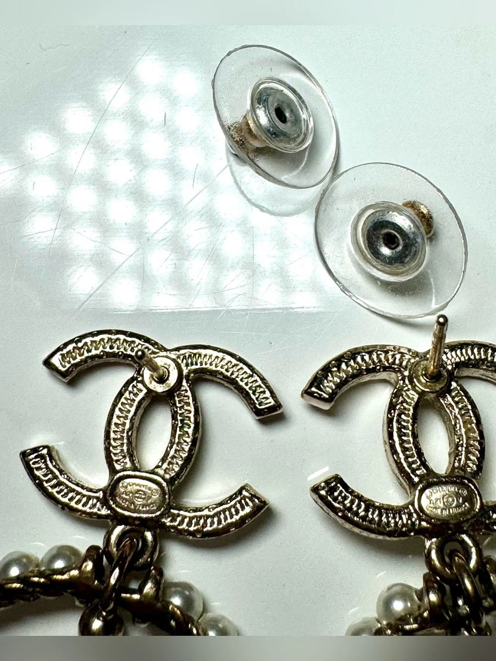 Chanel Crystal Pearl Chanel Charms CC Logo Drop Earrings in Gold W Box